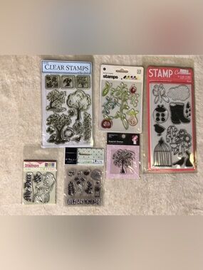 Mixed Clear & Rubber Craft Stamp Set - Tree & Floral Designs - Black/Silver